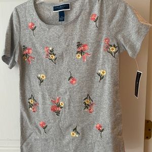 Grey orange yellow green embellished t- shirt